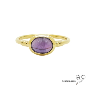 Bague améthyste et plaqué or, pierre naturelle violette
