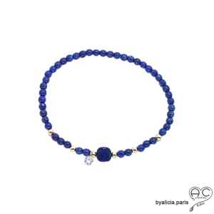 Bracelet lapis lazuli pierre naturelle, plaqué or et petit brillant en cristal, femme, gipsy, bohème, création by Alicia