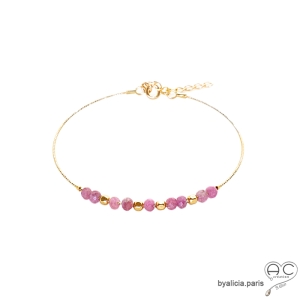 Bracelet jonc fin flexible semi rigide plaqué or, tourmaline rose, pierre naturelle, fait main, création by Alicia