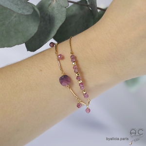 Bracelet jonc fin flexible semi rigide plaqué or, tourmaline rose, pierre naturelle, fait main, création by Alicia