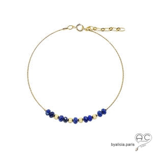 Bracelet jonc flexible semi rigide avec lapis lazuli, pierre naturelle bleue, plaqué or, fin, fait main, création by Alicia