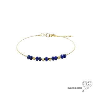 Bracelet jonc flexible semi rigide avec lapis lazuli, pierre naturelle bleue, plaqué or, fin, fait main, création by Alicia