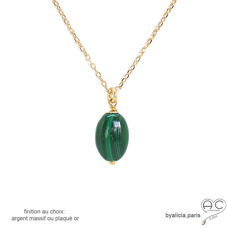 Collier, pendentif malachite, plaqué or ou argent massif, pierre naturelle verte, fait main, création by Alicia