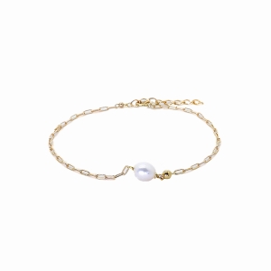 Bracelet perle de culture d'eau douce avec une pampille boule sur une chaîne en plaqué or, fin, fait main, création by Alicia