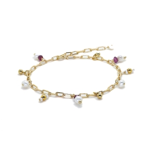 Bracelet breloques en perles naturelles et rubis, chaîne à maillons rectangulaires en plaqué or, fait main, création by Alicia