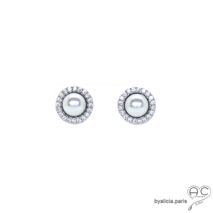 Puces d'oreilles perles blanches d'eau douce et brillants, argent massif, petites boucles d'oreilles clous