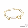 Bracelet CARRY-PERLE chaîne gros maillons rectangulaires avec grand fermoir rond, plaqué or, tendance, création by Alicia
