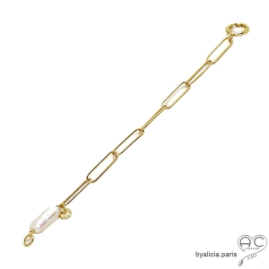 Bracelet CARRY-PERLE chaîne gros maillons rectangulaires avec grand fermoir rond, plaqué or, tendance, création by Alicia