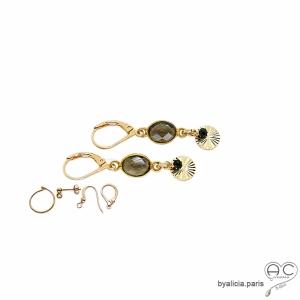 Boucles d'oreilles quartz fumé avec une pampille médaille soleil et pierre naturelle en plaqué or, création by Alicia