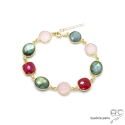Bracelet cascade de pierres semi-précieuses, labradorite, quartz rose, sillimanite rubis en plaqué or, création by Alicia