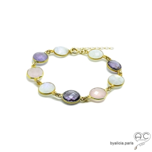 Bracelet cascade de pierres semi-précieuses, améthyste, quartz rose, pierre de lune en plaqué or, femme, création