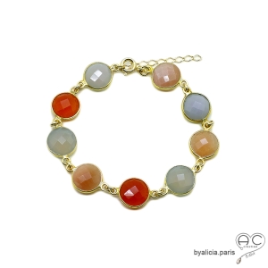 Bracelet cascade de pierres semi-précieuses oranges,cornaline, pierre de soleil, agate grise en plaqué or, femme, création