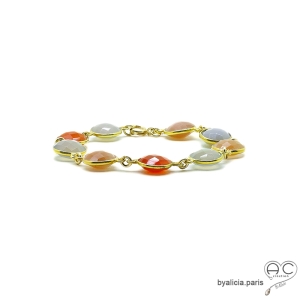 Bracelet cascade de pierres semi-précieuses oranges,cornaline, pierre de soleil, agate grise en plaqué or, femme, création