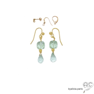 Boucles d'oreilles améthyste verte, pendantes, plaqué or et pierre semi-précieuse, création by Alicia