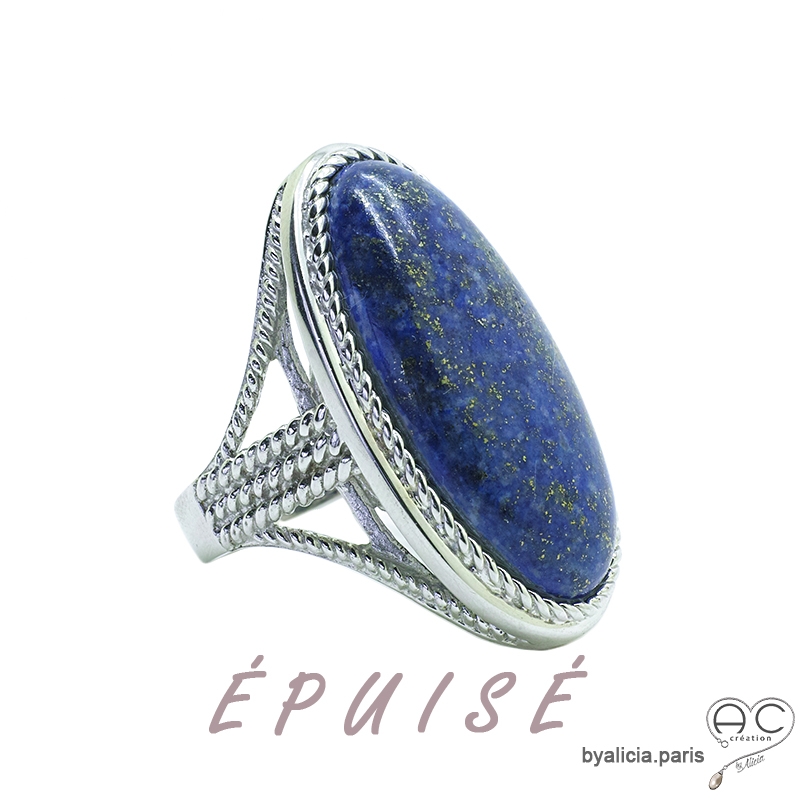 Bague lapis-lazuli, grand ovale en cabochon et argent massif, création fait main, unique, femme