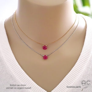 Ras de cou agate rose goutte sur une chaîne en vermeil ou en argent massif, collier artisanal pierre naturelle rose