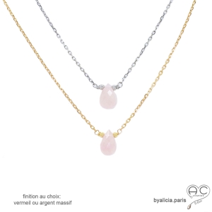 Ras de cou quartz rose goutte sur une chaîne fine en vermeil ou en argent massif, collier artisanal femme pierre naturelle rose
