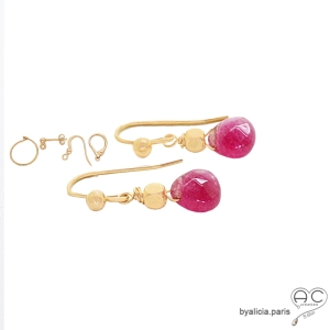 Boucles d'oreilles agate rose et plaqué or, pierre naturelle, fait main, création by Alicia