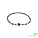 Bracelet onyx noir et hématite, pierre naturelle, plaqué or et petit brillant, gipsy, bohème, création by Alicia