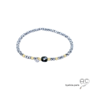 Bracelet onyx noir et hématite argentée, pierres naturelles, plaqué or et petit brillant, gipsy, bohème, création by Alicia