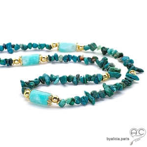 sautoir artisanal femme, chrysocolle et amazonite, plaqué or, collier long en pierres naturelles sur mesure