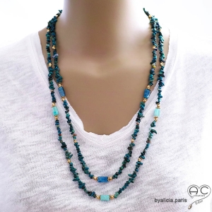 sautoir plaqué or et pierres naturelles, chrysocolle et amazonite, collier long artisanal