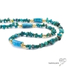 collier femme long en pierres, apatite et chrysocolle, fait main, sautoir créateur, artisanal