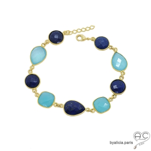 Bracelet lapis-lazuli, calcédoine bleu et plaqué or, cascade de pierres semi-précieuses bleues, femme, création by Alicia