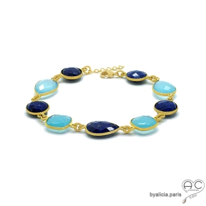 bracelet lapis-lazuli, calcédoine, pierres bleues et plaqué or, femme