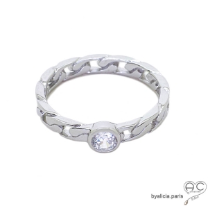 Bague solitaire, zirconium brillant sur anneau motif chaîne en argent massif rhodié, empilable, femme, intemporelle