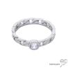 Bague solitaire, zirconium brillant sur anneau motif chaîne en argent massif rhodié, empilable, femme, intemporelle