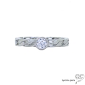 Bague solitaire, zirconium brillant sur anneau motif chaîne en argent massif rhodié, empilable, femme, intemporelle