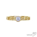 Bague solitaire, zirconium brillant sur anneau motif chaîne en plaqué or, empilable, femme, intemporelle