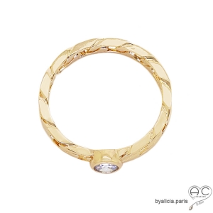 Bague solitaire, brillant sur anneau motif chaîne en plaqué or, empilable, femme, intemporelle