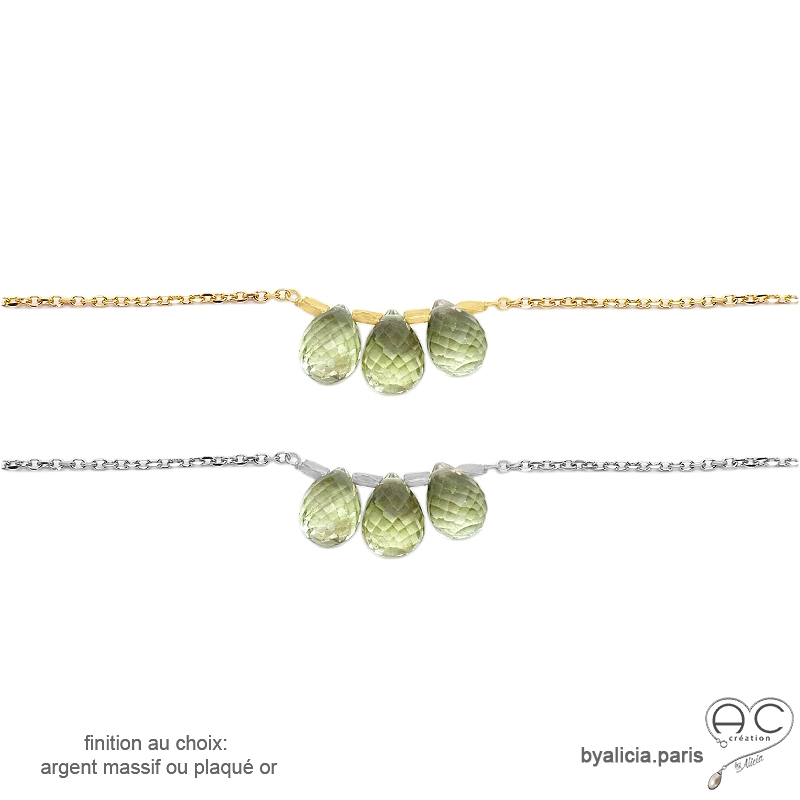 Collier lemon quartz, pierre naturelle trois gouttes sur une chaîne fine, fait main, création by Alicia