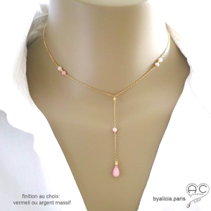 ras de cou cravate opale rose fait main, collier cravate artisanal en opale rose sur une chaîne fine