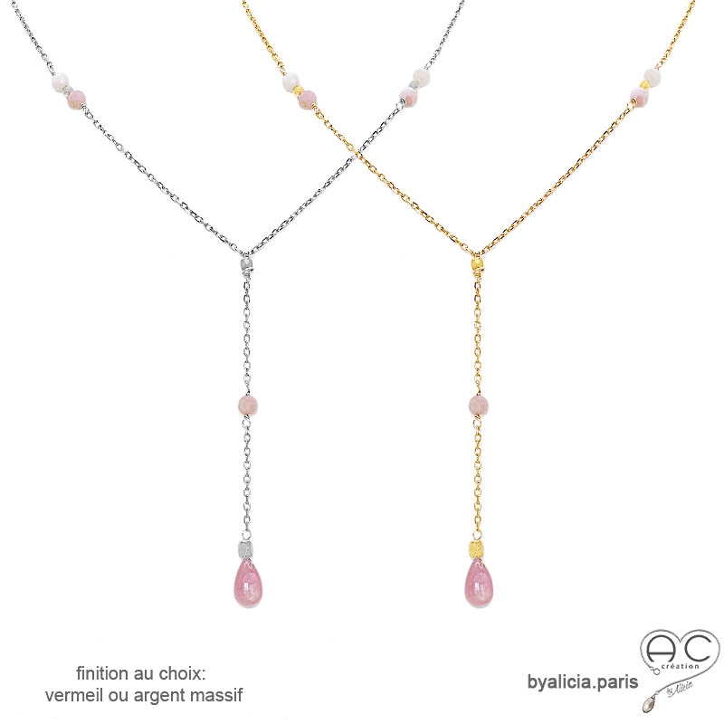 Collier cravate opale rose goutte sur une chaîne fine, fait main, création by Alicia