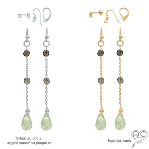 Boucles d'oreilles lemon quartz, fines, longues, pendantes, création by Alicia
