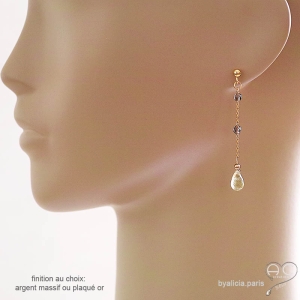 lemon quartz, boucles d'oreilles femme, artisanales, pendantes, longues, fines