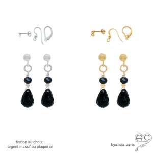 Boucles d'oreilles anyx noir, pendantes, délicates, création by Alicia