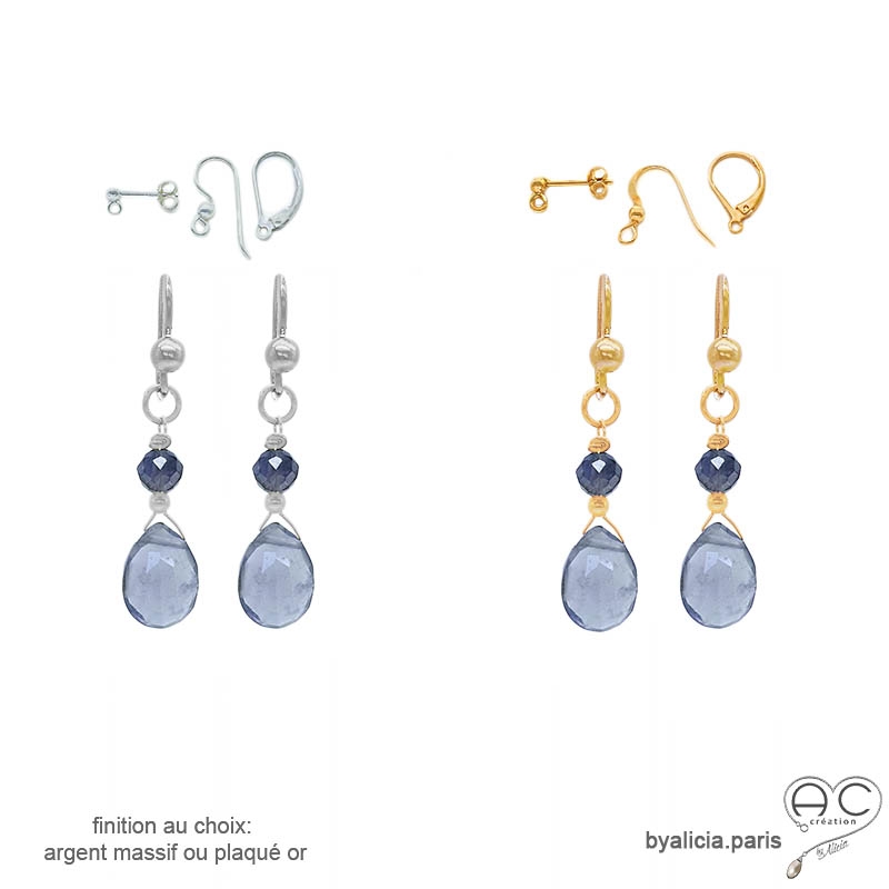 Boucles d'oreilles iolite (saphir d'eau), pendantes, délicates, création by Alicia