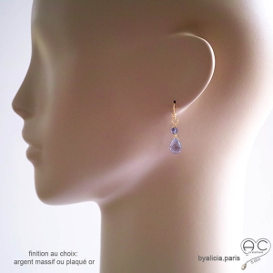 boucles d'oreilles courtes, fines femme, iolite, artisanales, boucles de créateur en saphir d'eau