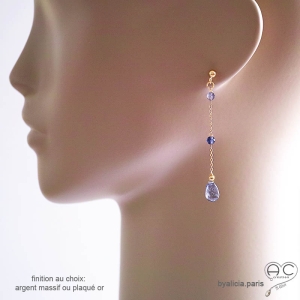 Boucles d'oreilles iolite, fines, longues, pendantes, création by Alicia