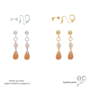 boucles d'oreilles femme pierre de soleil fait en France, boucles pierre naturelle orange nude