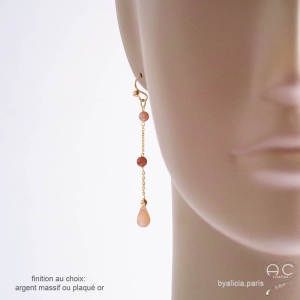 pierre de soleil, boucles d'oreilles femme, artisanales, pendantes, fines, boucles pierre naturelle orange fait en France
