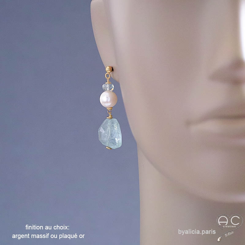 Boucles d'oreilles aigue-marine et perles, fait main, création by Alicia