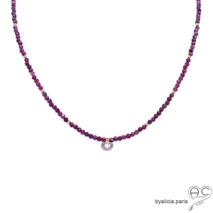 Ras de cou femme en grenat rhodolite avec zirconium brillant, collier fin, pierre naturelle, plaqué or