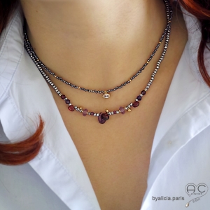 ras de cou artisanal femme en hématite, collier de créateur sur mesure en pierre gris