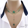 collier à pendentif long avec agate verte sur une chaîne fine, ras de cou Y artisanal, fin, délicat