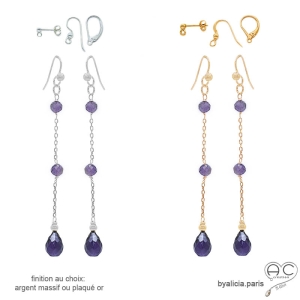 Boucles d'oreilles violettes femme ahéthyste, fines, longues, pendantes, fait en France